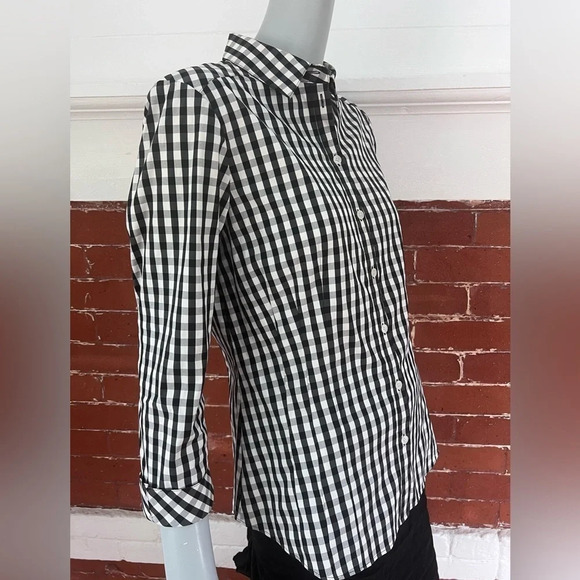 Lafayette 148 Black and White Gingham Fitted Button Down Shirt Checked Top - Picture 5 of 15